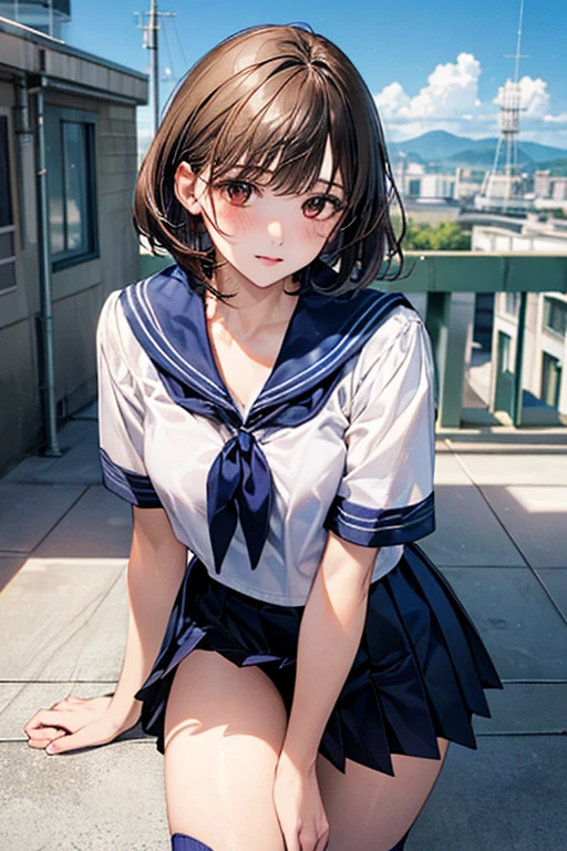 (((perfect anatomy, anatomically correct, super detailed skin))), ((panties pulled down)), 1 girl, japanese, high school girl, shiny skin, watching the viewer,
beautiful hair, beautiful face, beautiful detailed eyes, (short hair:1.1, bob cut:1.2), dark blonde hair:1, brown eyes,, mole under eye,
beautiful clavicle, beautiful body, beautiful breasts, large breasts:0.5, beautiful thighs, beautiful legs,
((short sleeves, all dark blue cute sailor suit, dark blue pleated skirt, dark blue sailor collar, sailor scarf, socks, brown loafers)), seductive thighs, (red slave collar),
((, ashamed, , , )), standing,
(beautiful scenery), summer, school rooftop, building, chain-link fence,
8k, top quality, masterpiece:1.2, extremely detailed), (photorealistic), beautiful illustration, natural lighting, crossdresser,boy