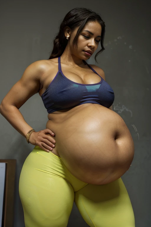 Name: Jasmine Thompson Age: 28 Ethnicity: African American Height: 5'7" (170 cm) Build: Strong and athletic Hair: Black, styled in a sleek and versatile pixie cut Eyes: Deep brown eyes with a determined gaze Skin: Rich, caramel complexion with a natural glow Tattoos: A small symbol of strength and resilience on her upper arm, representing her journey to fitness Attire: Jasmine is often seen in vibrant and bold activewear that reflects her personality and confidence. She loves wearing colorful sports bras with matching leggings that showcase her toned physique. Her outfit is always functional and stylish, allowing her to move freely during workouts while still making a fashion statement. Accessories: Jasmine wears a motivational bracelet on her wrist, reminding her to stay focused and determined. Pose: Jasmine exudes confidence and strength in every pose, whether it's striking a powerful stance with her hands on her ???? or flexing her muscles after a challenging workout. Her posture is always poised and confident, inspiring those around her to push themselves to new heights. Background: Jasmine's background is rooted in a love for fitness and a desire to empower others to live their healthiest lives. She, ????, curvy body, plump body, huge big ???, thick body, curvy body type, voluptuous body type, busty body type, thick body type, big ?????, big