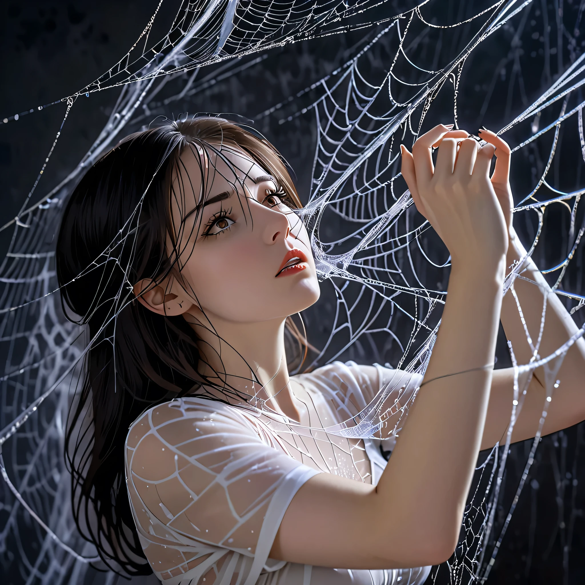 a woman entangled in the spider's web, cobweb