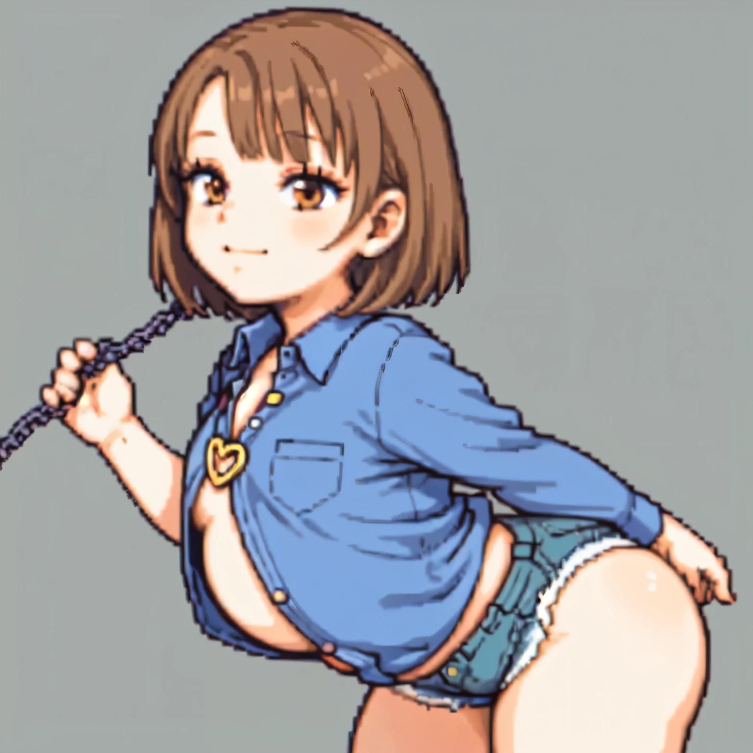 (Extremely detailed:1.3),(Highly detailed:1.2),(Best Quality:1.2),(masutepiece:1.2), 2girls, absurdres, alternate costume, bangs, (tight booty shorts, white shirt), brooch, brown eyes, brown hair, buttons, chain, closed mouth, collared shirt, commentary, contrapposto, cowboy shot, dress shirt, eyelashes, gradient background, (biggest butt), (plump behind), (thickest thighs), (cleavage), grey background, hand up, highres, holding, (big ass), (thick thighs), (flat chested), (small breasts), (private parts covered by clothing), deformed,