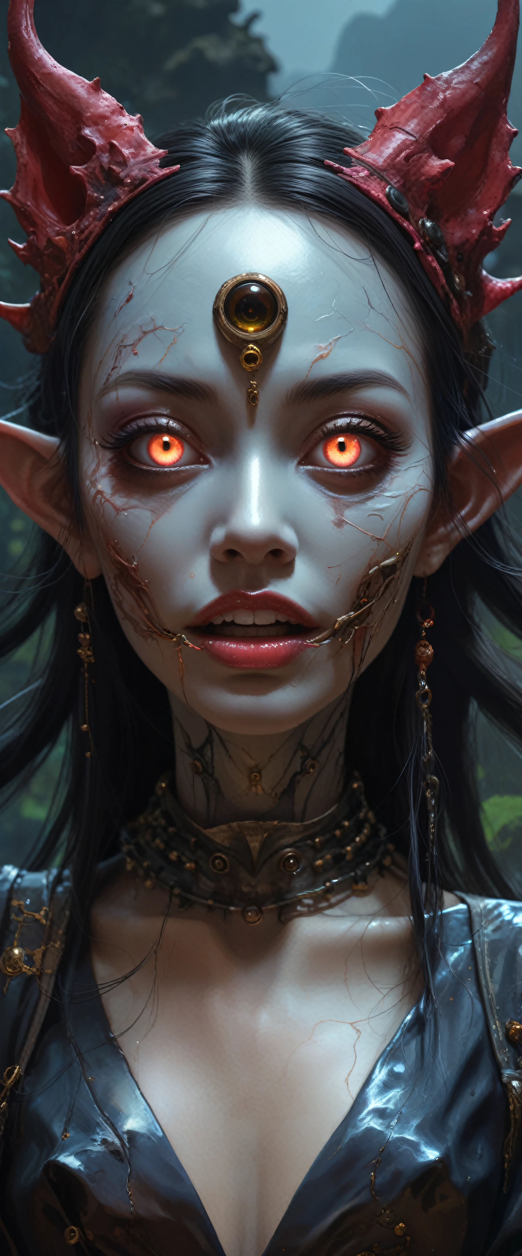 portrait of the most beautiful form of chaos, elegant, a brutalist designed, vivid colours, romanticism, by apterus, (apterus creepy anatomy:1.3), ((ahegao)), rolling_eyes, ((head down)), sharp teeth, maniacal laughter, ((decay and spooky)), atmospheric, trending on artstation, masterpiece, ((symmetry)), death, decay, vengeful japanese ghost, spooky dark village,full body length,opal girl,ogre ,pretty face,eyebrow up,full body shot,ominous Cleavelandite landscape,niobium gray atmosphere,by art Simon Stalenhag,Nicola Samori,(((Wangechi Mutu))),prime colors,urban,extremely detailed,masterpiece,intricate details,faded,eyes extremely detailed, high detailed eyes,16k resolution,RAW, Nikon Z9,scary village,goblin,Zhangjiajie National Forest Park of China