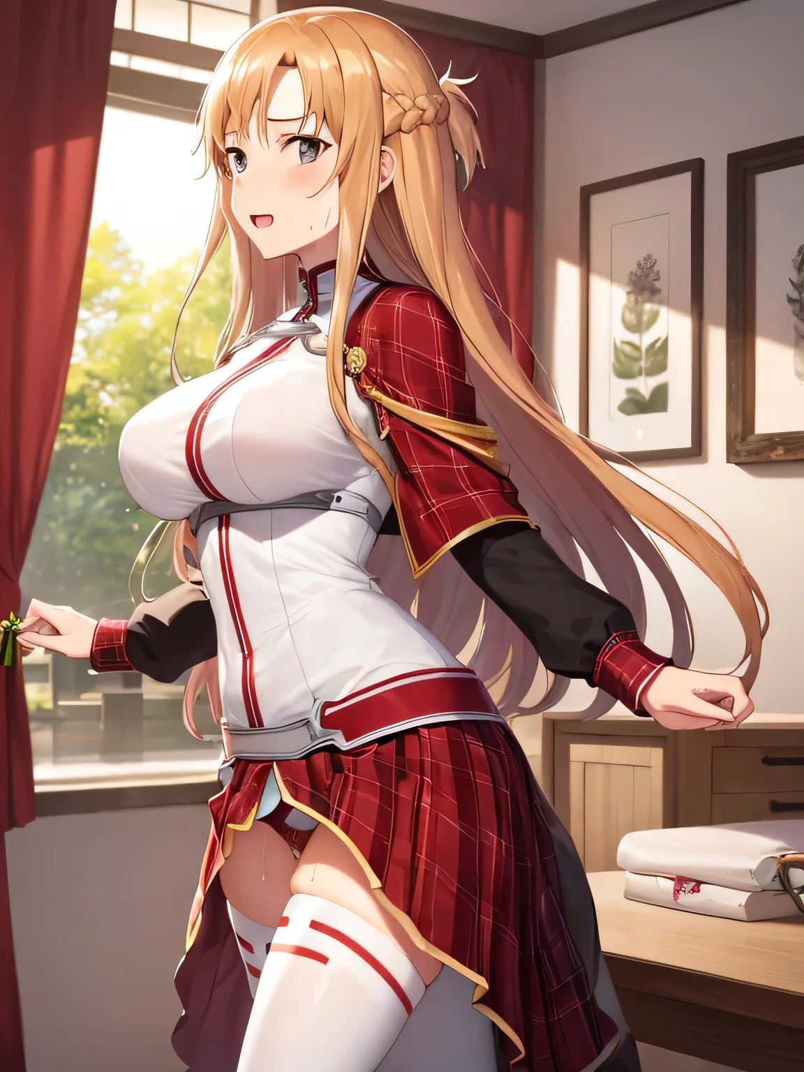 Asuna Yuki(Sword Art Online),Dynamic Angle,Long bronze hair,Braiding,Brown eyes,Fine grain,Big bust line,Roll forward,real,Her slim legs are really cute,Very beautiful long legs,White knee-highs,Perfect body,real,Are standing,white lace luxury panties,Dynamic pose of hands holding luxury items,Under the skirt, All naked,naked,Pussy,Pussy,Nipples,tits,penis,penis,Dick,,liquid,Sweat,massive,Sex