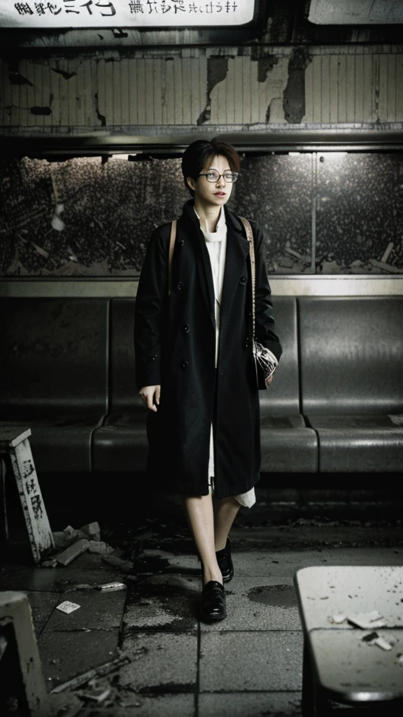 subway,Showa,Collapse,Devastation,Inside the ruins,Glasses,Women,adventure,Black and White,