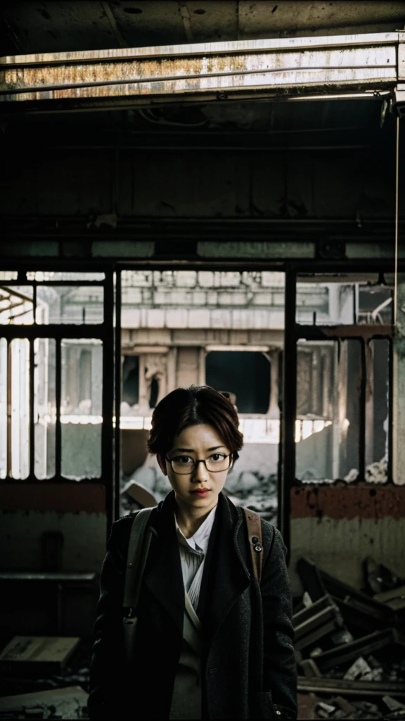 subway,Showa,Collapse,Devastation,Inside the ruins,Glasses,Women,adventure,Black and White,