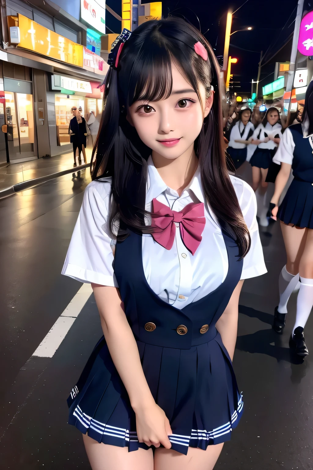High Angle Shot、Intermediate perspective、Two people wearing short skirts、Asian arabic woman wearing bow tie standing on neon street at midnight、Very cute female student、Japanese girl uniform、Summer Clothing、Wear Japan 、Japanese school uniforms、Surrealism schoolgirl、Dressed as a schoolgirl、Surrealism 、Wear、Girl wearing、Wear、 posture、Full Body Esbian、Very good skin、Shiny skin、cute thighs、Glowing thighs、Shiny leg brace knee high socks、Japanese high school 、Nogizaka Idol、Korean Idol、Invite you in、Seductive eyes realistic style
