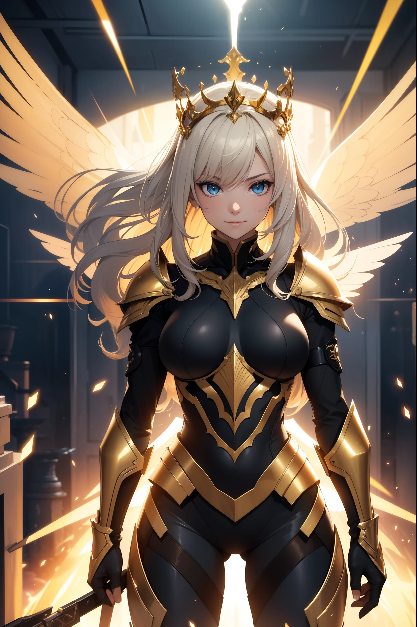 A beautiful woman, absurdres, full body armor, shining armor, knight leg armor, boot armor, Shining light knight, holding a weapon, perfect body figure, blond color hair, wavely hairstyle, light magic, light manipulation, light power, lightbeam attacks, aura of warmth, gentle expression, smile, very big breast, very big ass, age 39, middle-aged, photo manipulation, altered realities, fantastical scenes, digital artistry, creative editing, evocative narratives, striking visuals, kinetic art, moving sculptures, mechanical creations, interactive installations, dynamic motion, engineering ingenuity, captivating visuals, highest quality, outstanding detail, super high resolution: 3.5, fidelity: 1.4, best illustration, favor details, perfect detail rendering, ultra HD, masterpiece, ultra high res, photorealistic: 1.5, raw photo, perfect brightness and darkness, light ray, perfect balance, smooth color transition, full body frame, shining light, black and gold color armor, light body aura, light coat, full detail armor design, crown, shining eyes, golden eyes, mature, perfect color layer, pose, domineering, golden scarf, royalty, majestic, day, Empress, wind blowing, breeze, perfect color blur, calm, perfect lighting, shining light color crown, golden color mantle, halo golden light, movement motion, wings made from the lights.