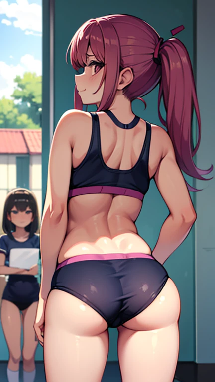 Ultra realistic 7  girl, pigtail hair pink, top medium breasts, sexy, smug face, sonrisa, posando, school gym, back view, voltea mirando hacia el frente, mojada, sudada, concentrada, volleyball, tight panties, inclinada, sport bra, two girls, facing each other, exposed breats