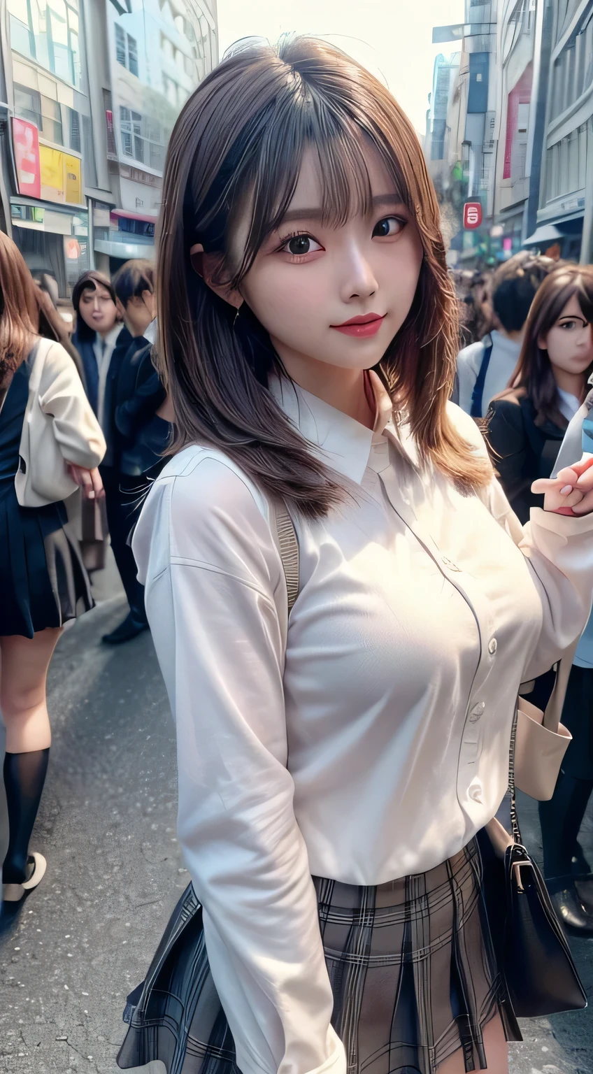 (skin blemish:1.2), (skindentation), black eye, 1woman, 25yo, (((woman))), solo, realistic, best quality, photorealistic, masterpiece, 8k, high res, solo, extremely detailed face, (professional lighting, bokeh), (light particles, lens flare, glowing particles:0.6), (dynamic pose:1.2), soft lighting, top angle view, fashionable and trendy atmosphere, japan, street, tokyo, city, ((daytime)), sky, ((looking at the viewer:1)), (looking at the camera),(portrait:0.6), cowboy shot, gorgeous, standing, keep original facial proportion, wide shoulder, full body, (small breast), (medium hair), brown hair, floating hair, lips, lipstick, seductive smile, floating hair, smile, open_mouth, teeth, (sleeves less white blouse), (jumper skirt), eyelashes, mole, (mole under eye:1), <lora:HirakawaY:0.8>