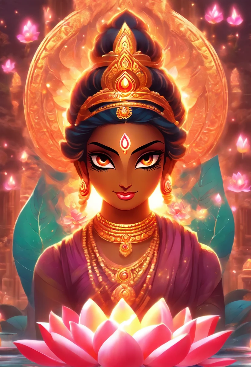 (((hindu God lakshmi))) melhor qualidade, ultra-high resolution, obra de arte, hindu mythology, lakshmi sitting on lotus flower, ((sitting on the lotus flower) ) hindu, aesthetics, lindo, imagem centrada na tela.  rosto divino, a clarifying circle around the face. Symbols of nature, OM, zen, mystic, cores neon, Imagem com pelo menos 300 dpi, Ultra HD, Digital art