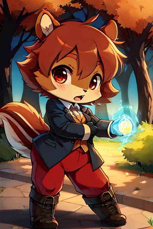 boy, squirrel, furry, bodyfur, blazer, bottomless, gloves, boots, chibi, park, magic