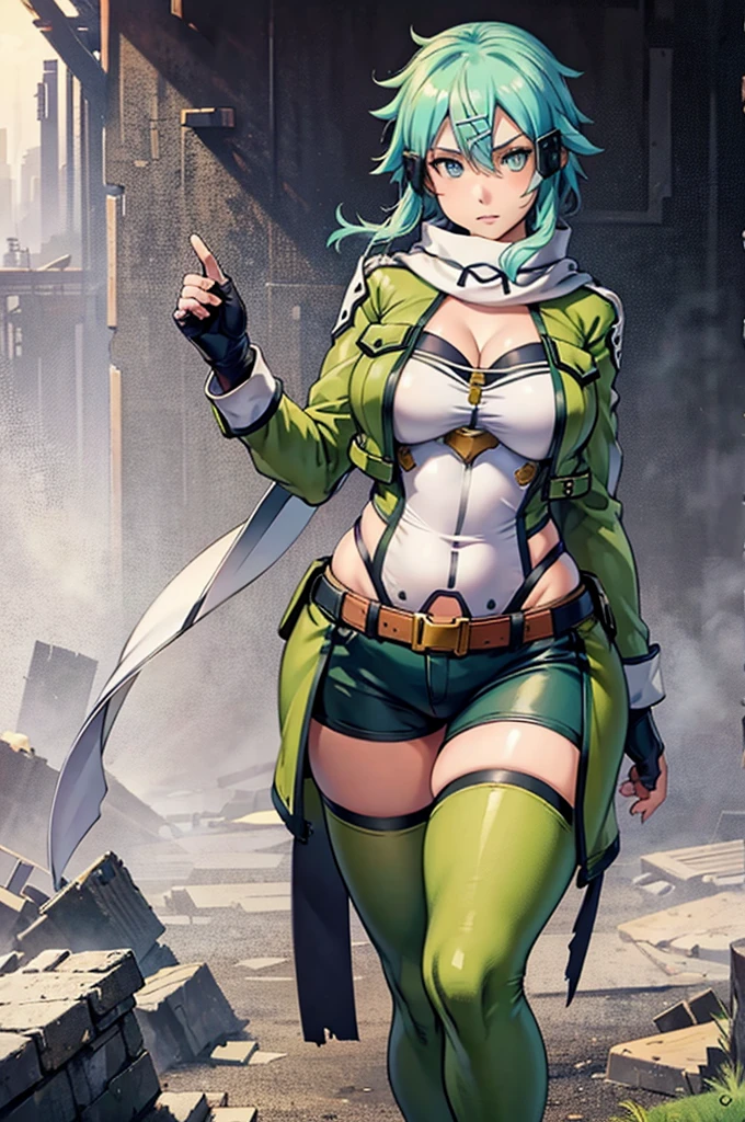 (masterpiece), best quality, expressive eyes, perfect face, highres, sinon1, scarf, fingerless gloves, long sleeves, short shorts, hair ornament, hairclip, green thighhighs, green jacket, thigh strap, field, ruins background, ruined structures, standing, portrait, looking at the viewer, thick thighs, wide hips, massive fat round ass, massive breasts, deep cleavage, big chubby belly,