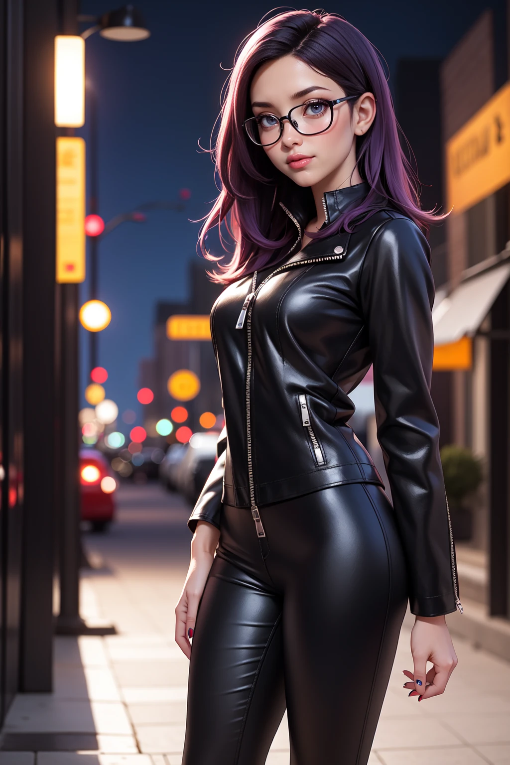 Beautiful realistic 14 year old girl with red lipstick, rosy cheeks, big Blue eyes, lined up horizontally near the nose, thin eyebrows, long straight purple hair, with nails, painted black, in a black leather jacket with a closed zipper,with studded strap,black trousers, standing,with a shy smile, clear glasses, captured in full view, at 100k resolution with 18mm lens and aperture/1.8 diaphragms, with blurred background of an urban city at night with illuminated buildings