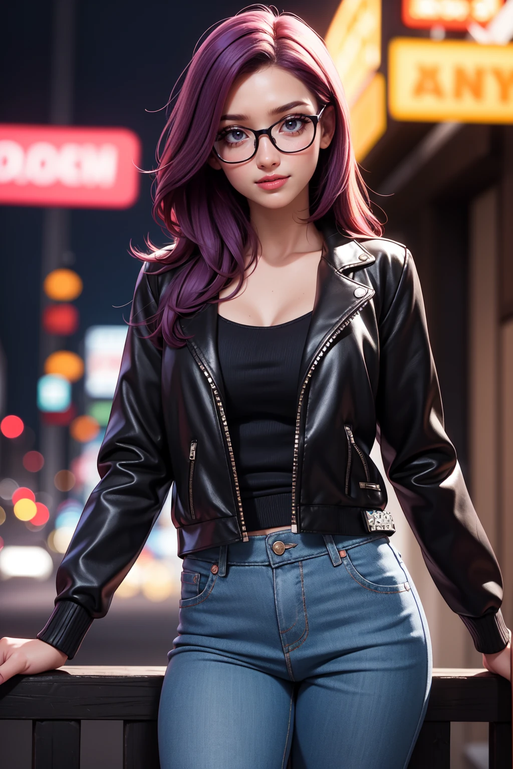Beautiful realistic 14 year old girl with red lipstick, rosy cheeks, big Blue eyes, lined up horizontally near the nose, thin eyebrows, long straight purple hair, with nails, painted black, in a black leather jacket with a closed zipper,with studded strap,black trousers, standing,with a shy smile, clear glasses, captured in full view, at 100k resolution with 18mm lens and aperture/1.8 diaphragms, with blurred background of an urban city at night with illuminated buildings