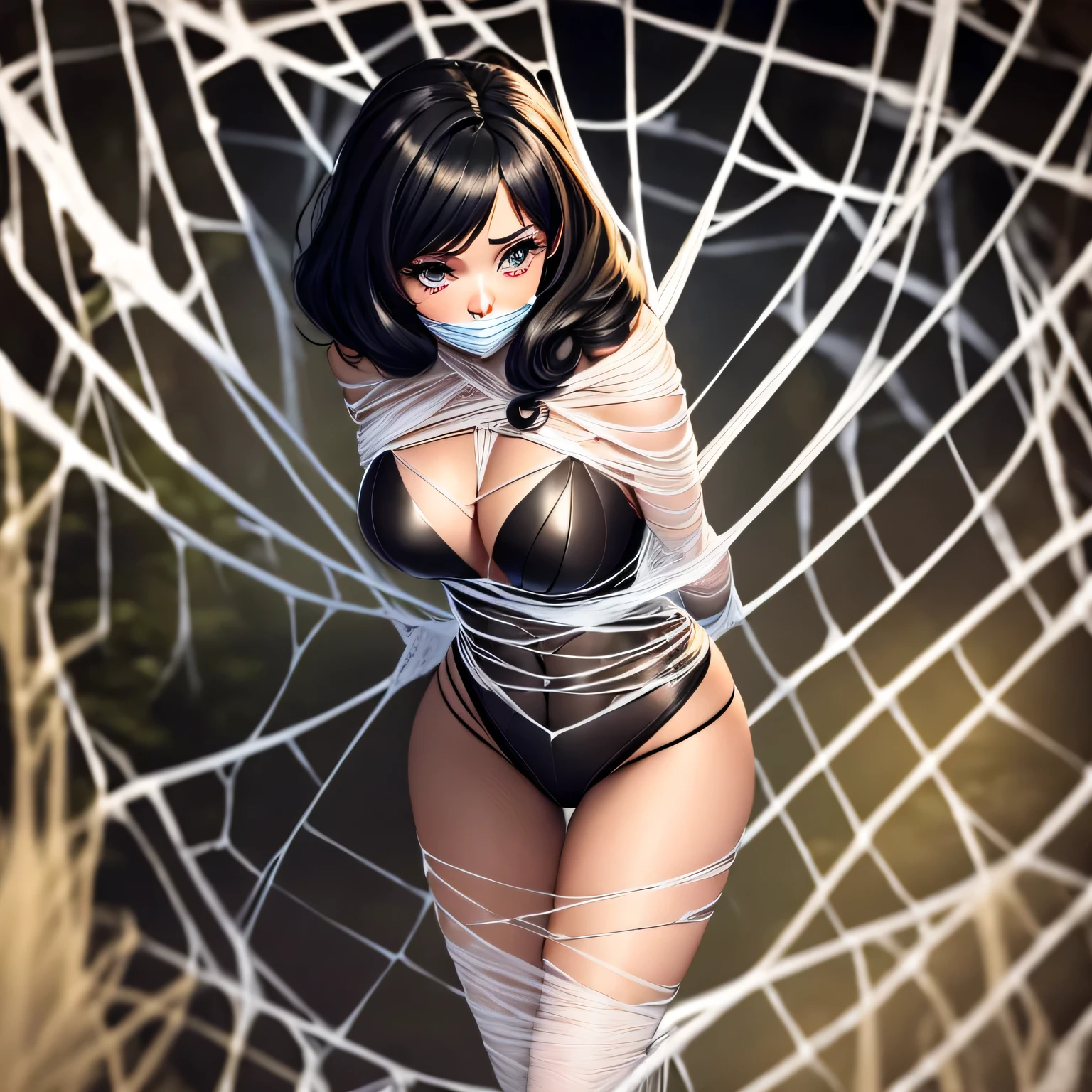 A woman in very sexy outfit, : cocooned, gagged
black dress
elbow gloves
black gloves