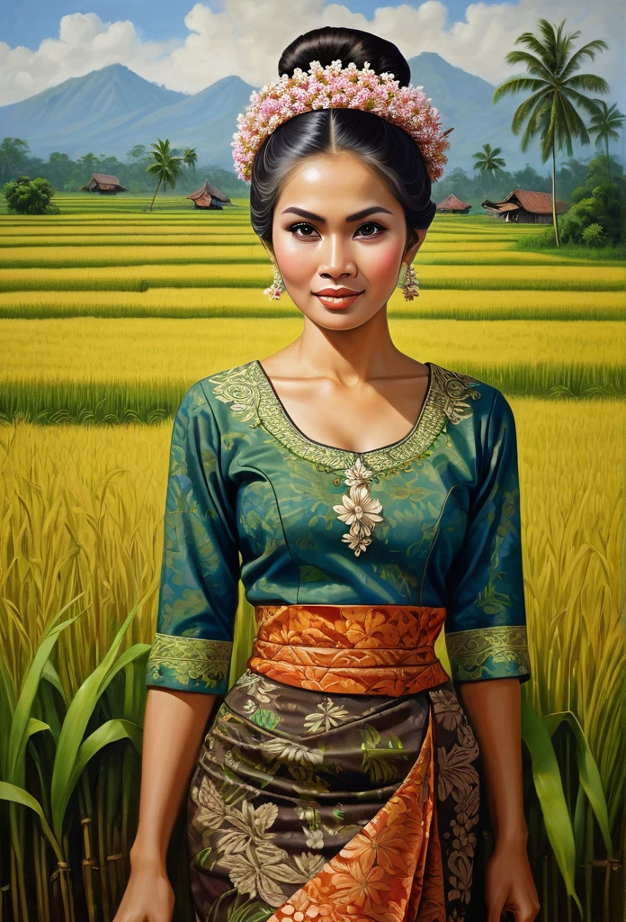 beautiful javanese peasant woman donning a brocade kebaya dress and batik long skirt, simple bun hairdo with small beautiful flowers in her hair, insanely detailed and intricate rice field background, oil on canvas painting, realistic style, heavily influenced by Don Lawrence photorealistic brush stroke style