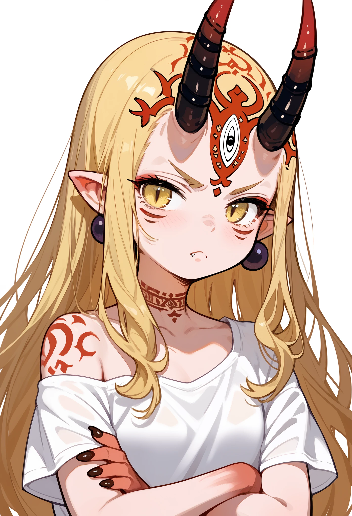 score_9, score_8_up, score_7_up, 1girl, solo, portrait, close-up, upper body, long hair, blonde hair, sidelocks, yellow eyes, pointy ears, facial mark, tattoo, shoulder tattoo, (red arms), forehead mark, fingernails, (crossed arms), oni, horns, innexpressive, serious, fang, wearing a white shirt, oversized shirt, off-shoulder, short sleeves, white background, simple background, masterpiece, best quality, zoom out, 