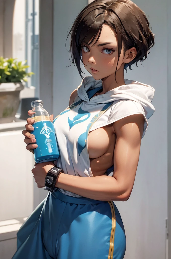 Masterpiece, tomboy, very short hair, tan, ((tanned skin)), defined arms, muscular arms, medium , hood, green eye, blue eye, square, park, holding bottle, cold bottle,