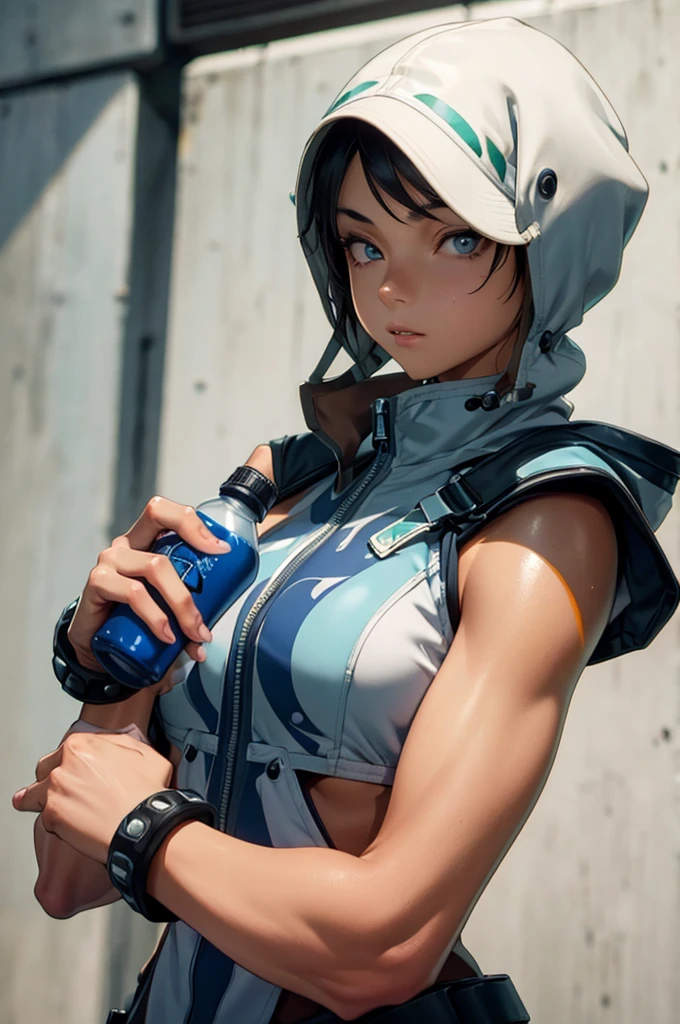 Masterpiece, tomboy, very short hair, tan, ((tanned skin)), defined arms, muscular arms, medium , hood, green eye, blue eye, square, park, holding bottle, cold bottle,