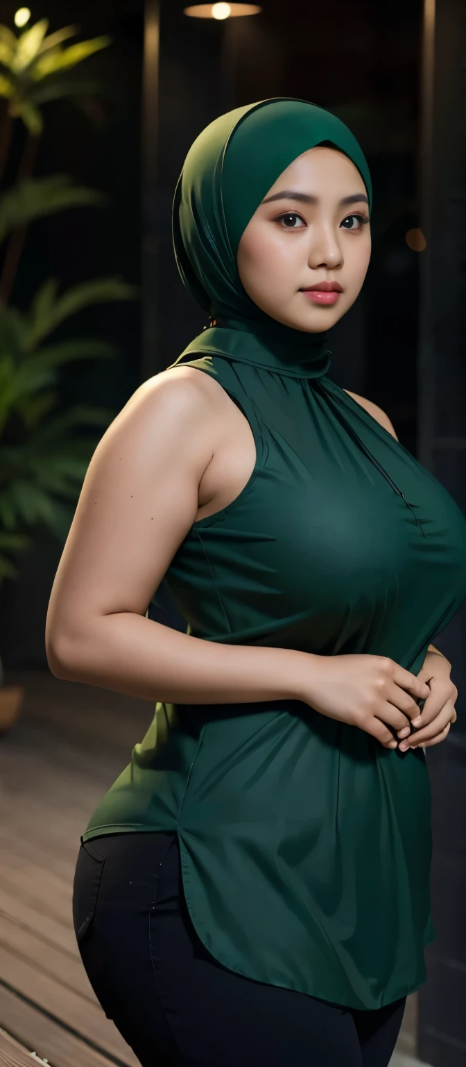 1 malay girl, modern plain hijab, shy, medium portrait, watery eyes, wearing dark green kebaya, ((big breasts)), black bokeh background, well-proportioned body,, chubby massive thighs, full body pose, Hena art on the body, hena art on face, slightly fat body