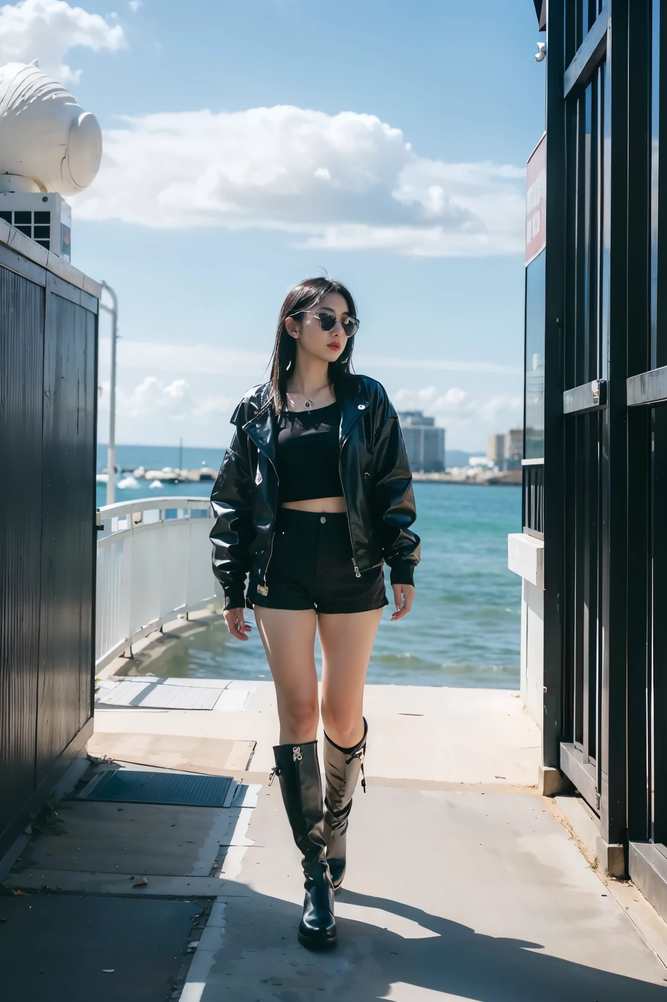 futuristic city, cyberpunk, violence, decadence, futuristic society, ocean, 1 girl, solo,