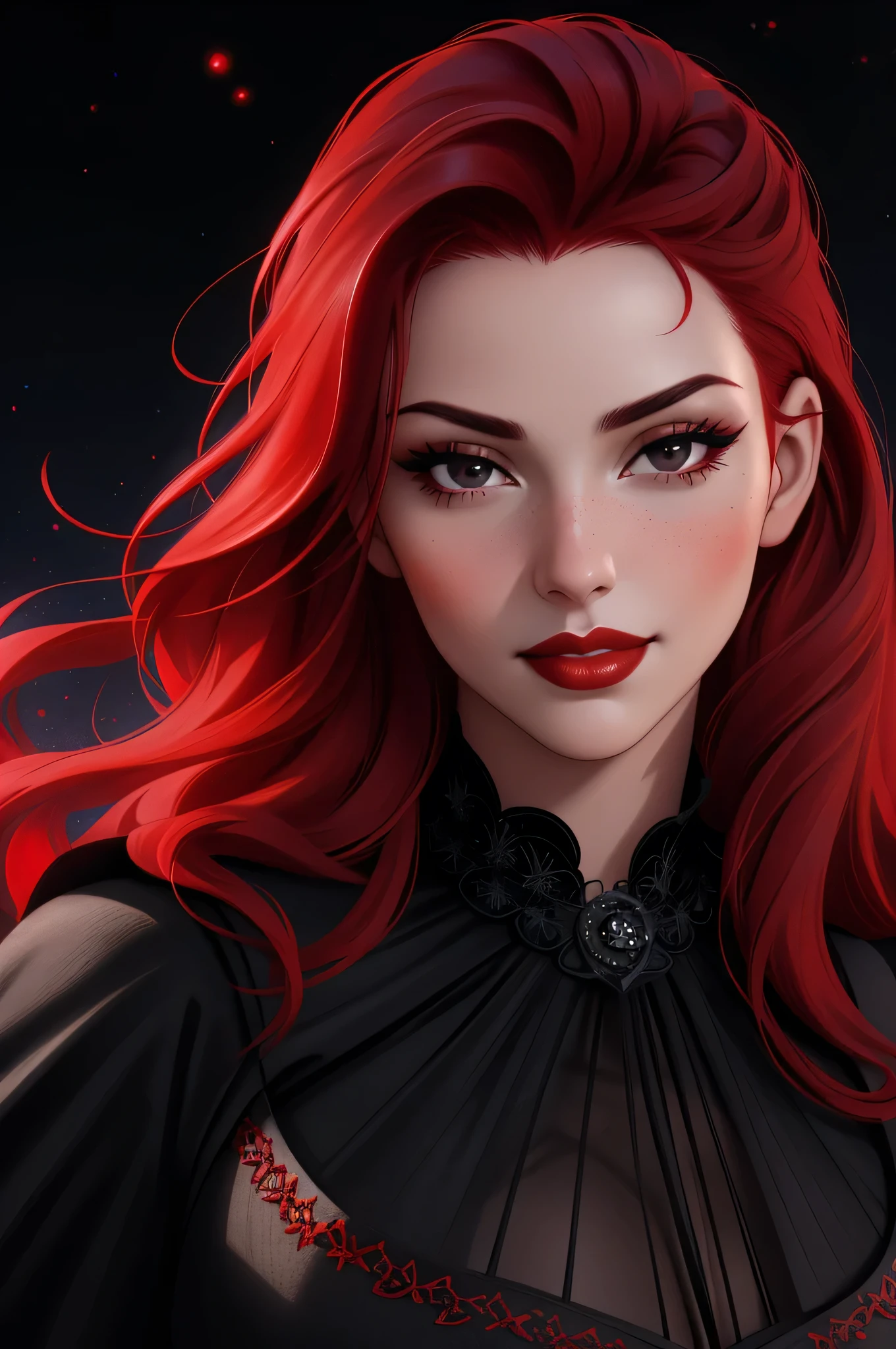 face close up, portrait shot, ((vivid red hair)), mature woman, 30 years old, diamond face, red starry sky background, depth of field, magic, big red lips, ((dark and black eyes)) black and red long and full dress, covered chest, mystical atmosphere, ominous shadows, Intense blue aura, Intense red aura (best quality:1.2), absurdres, intricate details, (highly detailed skin:1.2), smile expression, posing, taut and well defined body, attractive. Highly realistic, white skin, beautiful, hyperrealism, skin very elaborated, direct gaze,