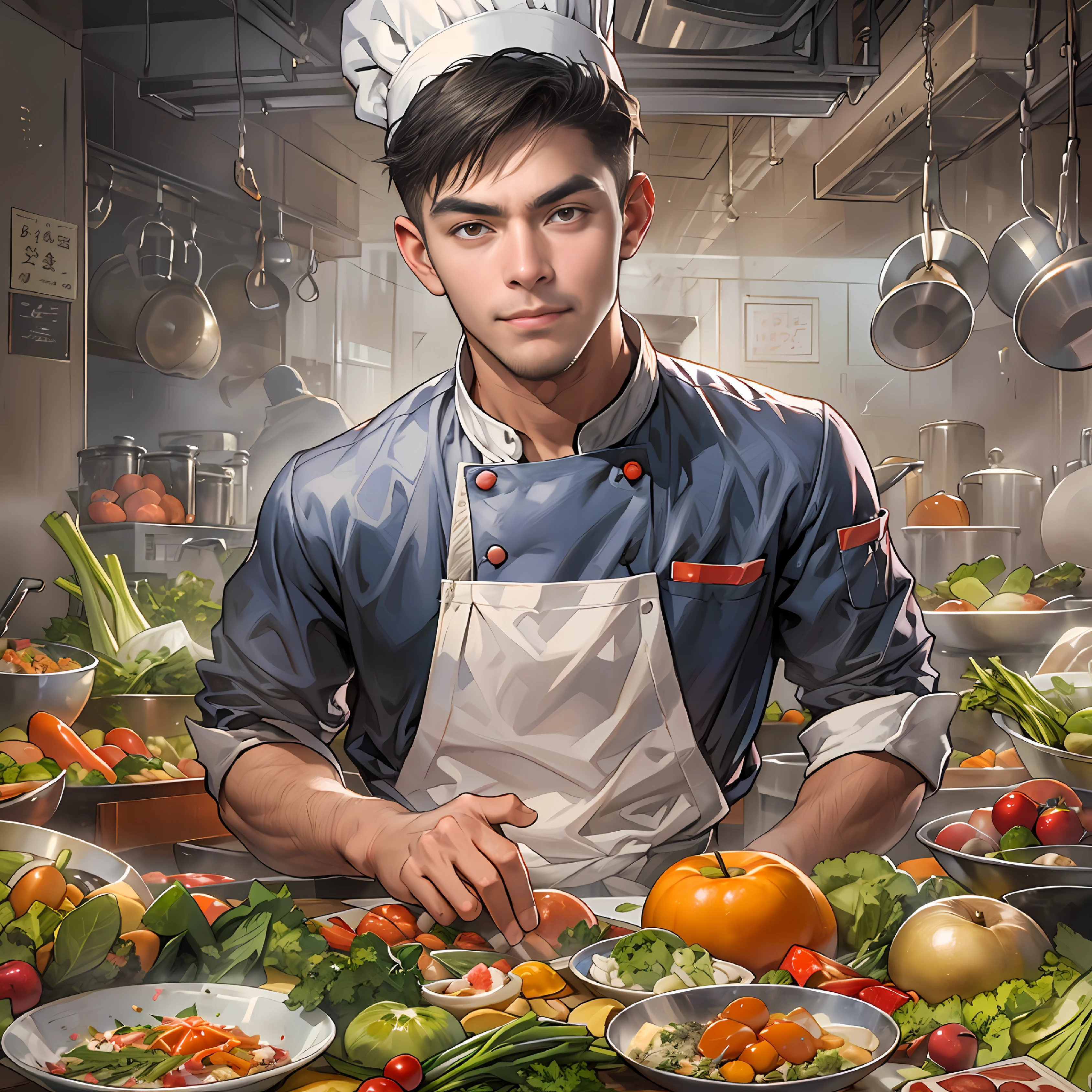 A young handsome male chef stands next to a snack cart,With a smile on his face,Holding a bowl of clear soup in his hand,Detailed close-up of faces,in the style of the stars art group xing xing, 32K, Best quality, Masterpiece, Super detail, High details