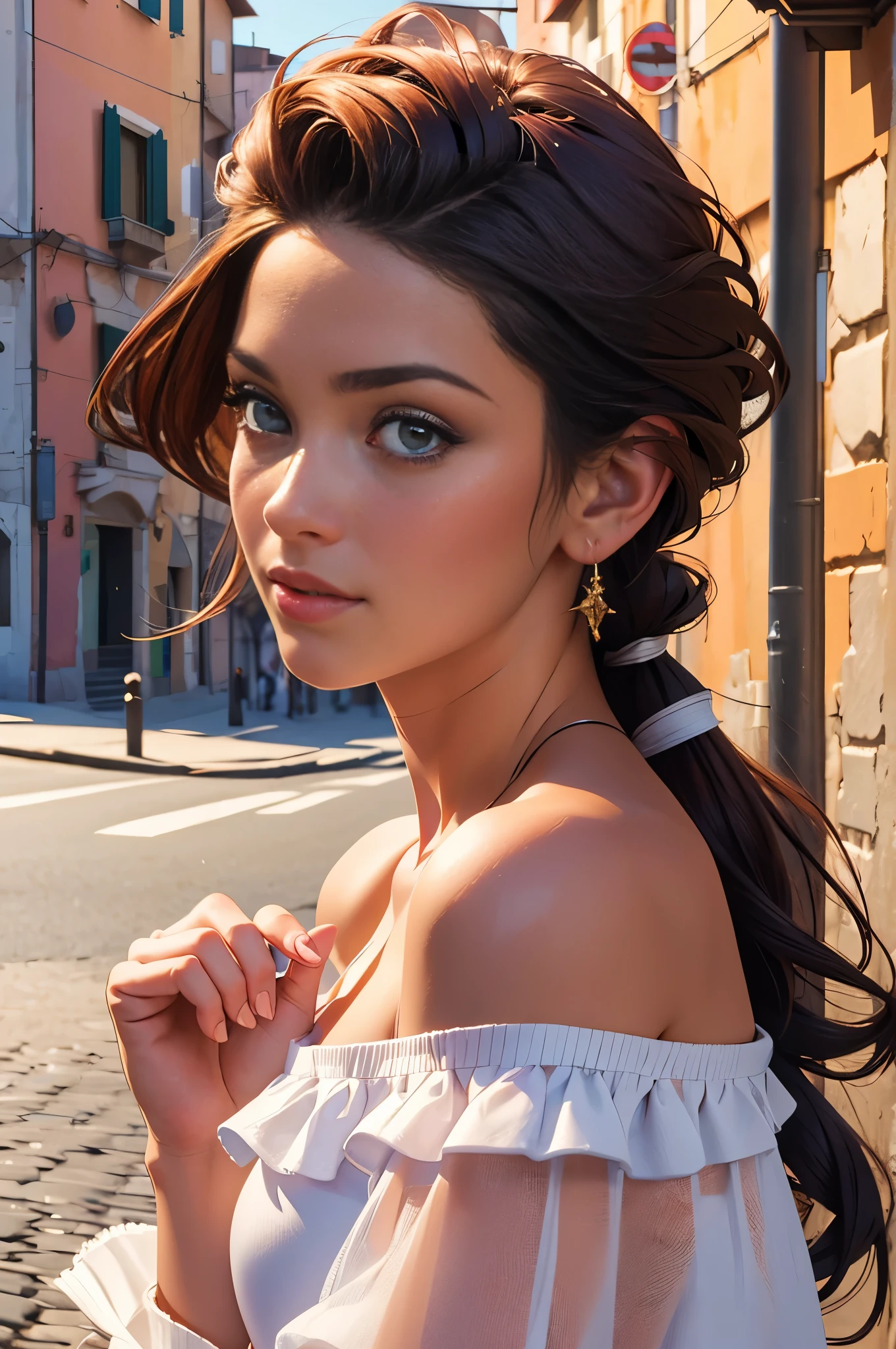 Best quality, masterpiece, ultra high res, (photorealistic:1.4), raw photo, 1girl, off shoulder, italian