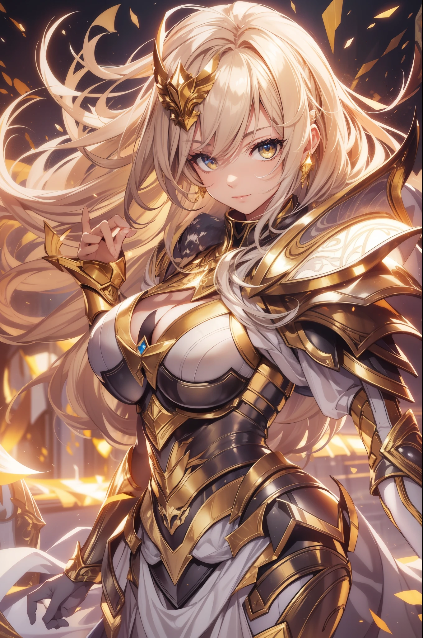 A beautiful woman, absurdres, full body armor, shining armor, knight leg armor, boot armor, Shining light knight, holding a weapon, perfect body figure, blond color hair, wavely hairstyle, light magic, light manipulation, light power, lightbeam attacks, aura of warmth, gentle expression, smile, very big breast, very big ass, age 39, middle-aged, photo manipulation, altered realities, fantastical scenes, digital artistry, creative editing, evocative narratives, striking visuals, kinetic art, moving sculptures, mechanical creations, interactive installations, dynamic motion, engineering ingenuity, captivating visuals, highest quality, outstanding detail, super high resolution: 3.5, fidelity: 1.4, best illustration, favor details, perfect detail rendering, ultra HD, masterpiece, ultra high res, photorealistic: 1.5, raw photo, perfect brightness and darkness, light ray, perfect balance, smooth color transition, full body frame, shining light, black and gold color armor, light body aura, light coat, full detail armor design, crown, shining eyes, golden eyes, mature, perfect color layer, pose, domineering, golden scarf, royalty, majestic, day, Empress, wind blowing, breeze, perfect color blur, calm, perfect lighting, shining light color crown, golden color mantle, halo golden light, movement motion, wings made from the lights.