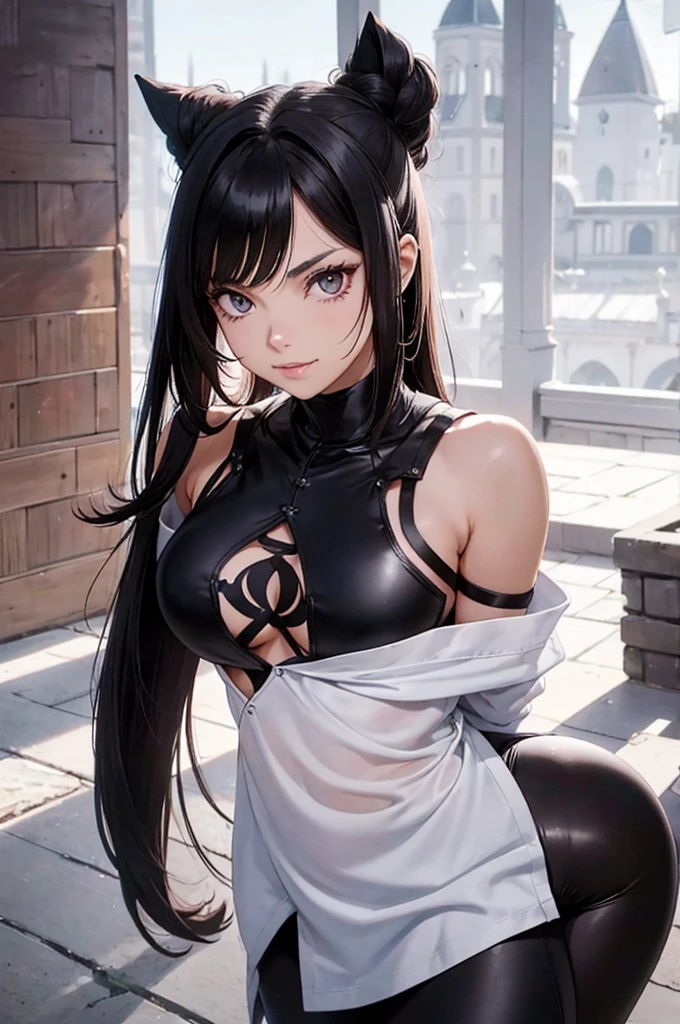 juri han,beautiful young female warrior fighter with cat ears on her head, com rosto bem detalhado e bonito, belos olhos, belos olhos, rosto lindo, beautiful young woman wearing long brown leggings with black details, sueter apertado branco, standing in a castle, usando bota preta, cabelo comprido com franja preto, ,orelhas de gato, belo sorriso, tomboy, um pouco musculosa,suter branco com cinta em volta, olhar serio,usando jaqueta de couro apertado preto, com ombreiras de prata nos ombros