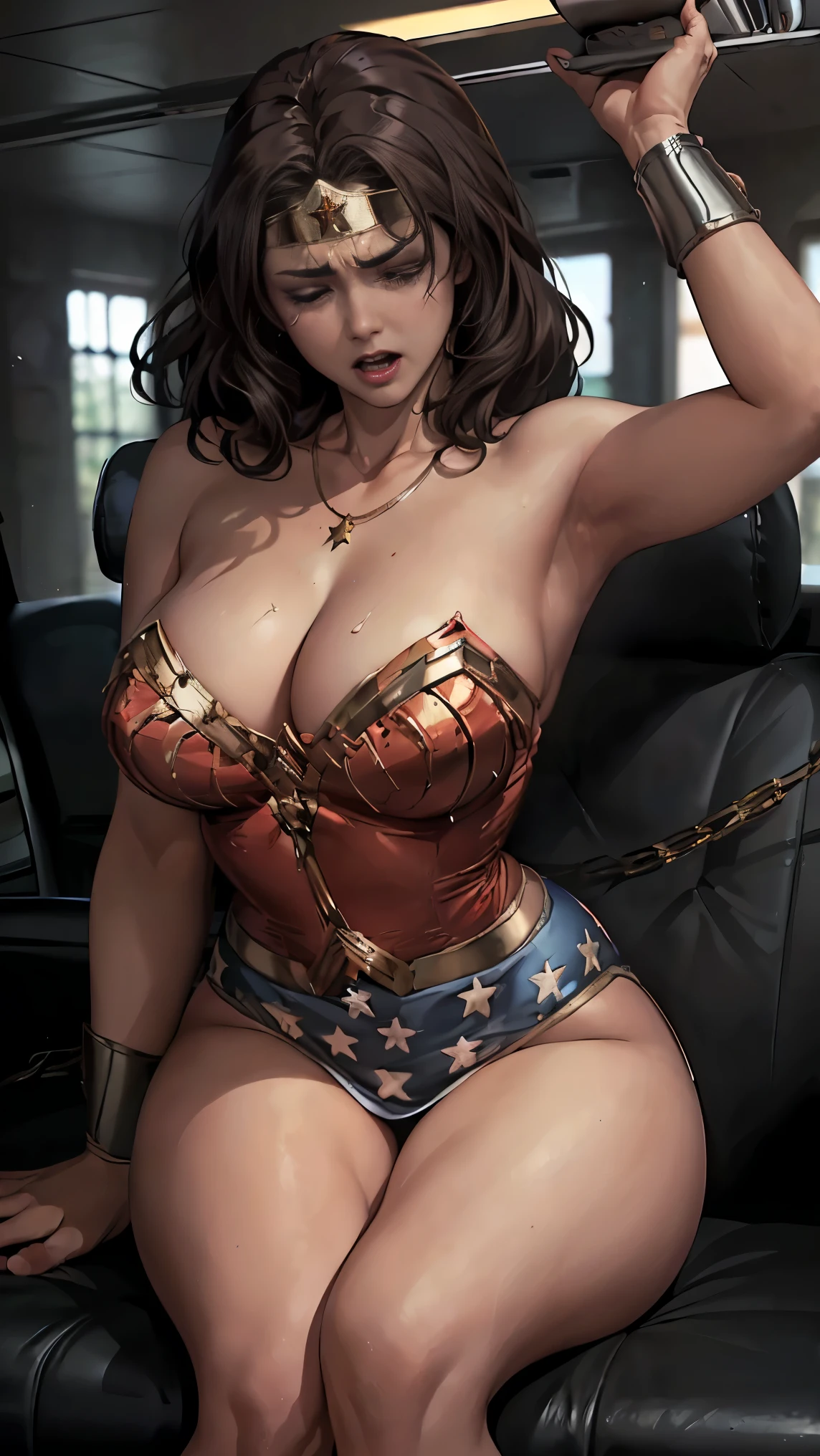 (((wonder woman handcuffed in the seat of a police car))) ,((SUPERHEROINE WONDERWOMAN É UMA VELHA PROSTITUTA IMUNDA, prostitution)), ((emotional expression,expression of pain and despair, gritando de dor, Expression of suffering, olhos arregalados)),(Wonder Woman is sitting, pernas abertas para cima), (((She is crying a lot, ela tem cabelo preto, ela tem cabelo longo))), ((She wears a thick metal necklace around her neck...)), (She is barefoot), (obra-prima, melhor qualidade) 1.5, 1 garota, sozinho, (sensual, mulher bonita, rosto perfeito, olhos perfeitos), corpo inteiro. ((She's wearing white lace panties)), tears running down your face)), ((Mulher Maravilha em cativeiro amarrado ,arms tied behind the back, em seguida, using some fixation method, like a rope or chain that runs from the wrists to an attachment point above, their arms are raised behind them until the person is forced to bend forward)), ((emotional expression,expression of pain and despair, gritando de dor, Expression of suffering, olhos arregalados, expression of fear, corpo se contorcendo de dor))