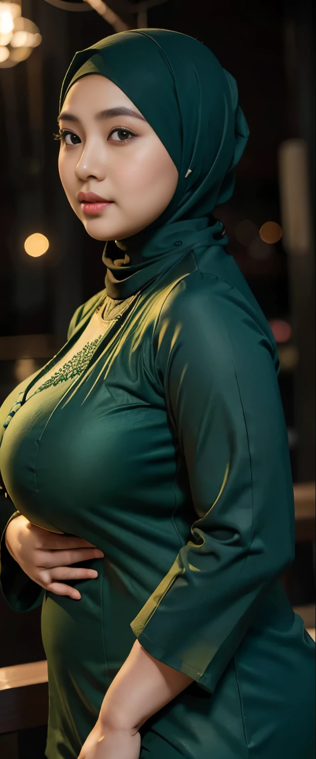 1 malay girl, modern plain hijab, shy, medium portrait, watery eyes, wearing dark green kebaya, ((big breasts)), black bokeh background, well-proportioned body,, chubby massive thighs, full body pose, Hena art on the body, hena art on face, slightly fat body 