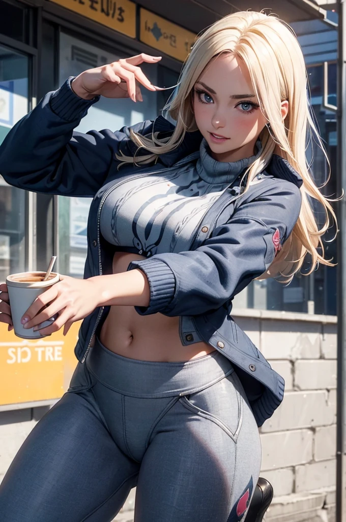 juri han,(masterpiece, best quality:1.4), (modern days), (cowboy shot), 1girl, solo, pov, sfw, stunning girlfriend, (standing:1.1), dynamic pose, (white oversized sweater, knit sweater:1.4), (Tight yoga pants, dark gray yoga pants: 1.4), (navy short jacket, spider clothes, denim jacket: 1.4), long blonde hair, bangs, heart-shaped face, elegant face, beautiful face, high detail face, high detail skin, skin pores, subsurface scattering, (blue eye details), realistic pupils, plump breasts, loving smile, looking at the audience, full blush, plump lips, holding a coffee cup, centered, coffee shop in background, city street, sunny day, wind, detailed background, depth of field, atmospheric perspective, volumetric lighting, clear focus, absurd, realistic proportions, good anatomy, (realistic, hyper-realistic:1.4), 16k HDR,