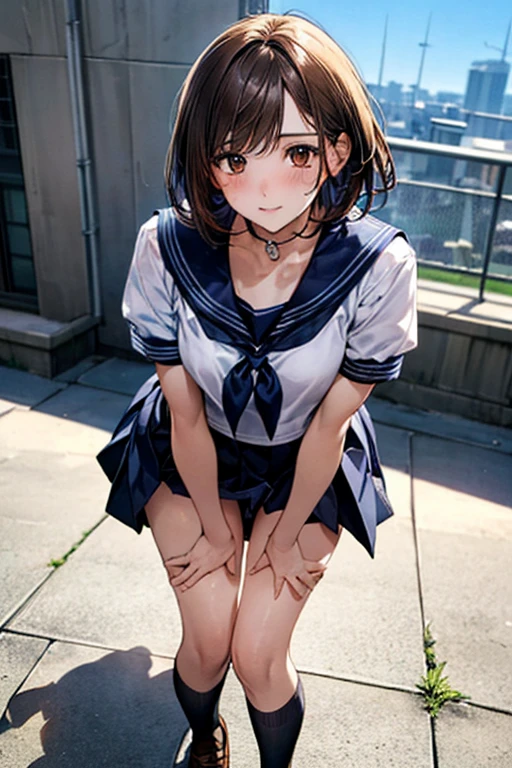 (((perfect anatomy, anatomically correct, super detailed skin))), ((panties pulled down)), 1 girl, japanese, high school girl, shiny skin, watching the viewer,
beautiful hair, beautiful face, beautiful detailed eyes, (short hair:1.1, bob cut:1.2), dark blonde hair:1, brown eyes,, mole under eye,
beautiful clavicle, beautiful body, beautiful breasts, beautiful thighs, beautiful legs,
((short sleeves, all dark blue cute sailor suit, dark blue pleated skirt, dark blue sailor collar, sailor scarf, socks, brown loafers)), seductive thighs, (red slave collar),
((, ashamed, , , )), standing,
(beautiful scenery), summer, school rooftop, building, chain-link fence,
8k, top quality, masterpiece:1.2, extremely detailed), (photorealistic), beautiful illustration, natural lighting, crossdresser,boy,