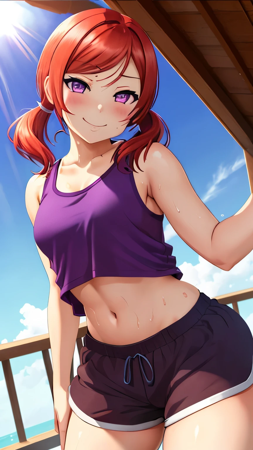 masterpiece, best quality,(NSFW:0.8),Nishikino maki, standing,purple eyes, smile, low twintails, tank top, gym shorts, thong whaletail, buttrack, sweating,Plants,sun, light ray, Closed mouth, big ass, thick thighs, small breasts,