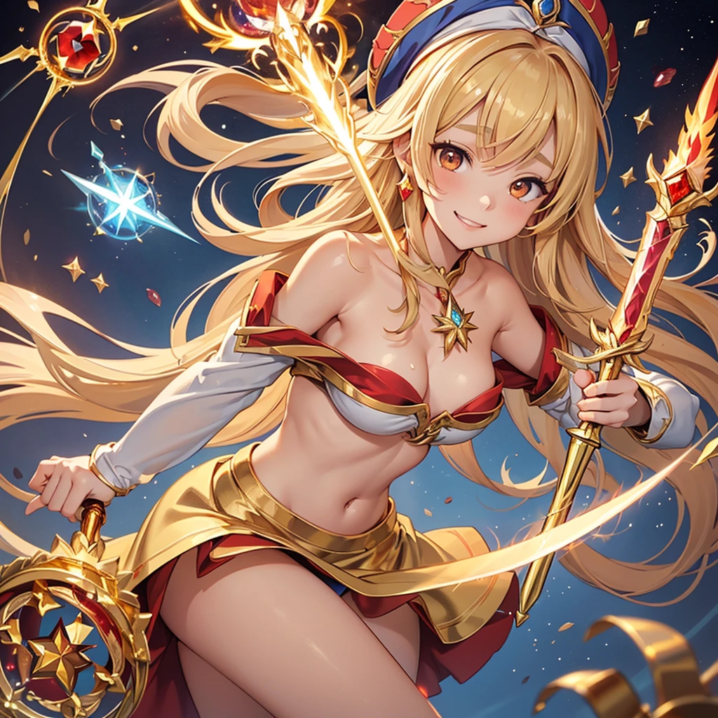masterpiece、top-quality、(Blonde colored long hair、I have bangs:1.1)、(25 year old woman)、 (gold eyes:1.5)、(Big round eyes:1.5)、(Emphasis on the chest:0.5)、(modest smile expression:1.3)、(Staring:1.5)、(Close-up of the subject's face:0.5)、
golden flame wizard dress、(wizard’s wand with red gem:1.5)、golden flame wizard hat、floating fireballs、
five perfect and beautiful fingers、Bust Shot、
Alone、Open your mouth、Fearless smile、(middle Breasts:1.3)、(Glowing Skin:1.2)、(dynamic pose hand holding a sword gripping one Rapier in hand:1.3)、Uplifting、Have a rapier grip、midriff peek、Off the shoulder、(Camel toe)、(Peeing:1.5)