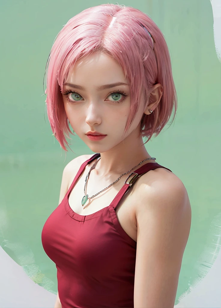 young woman, short shoulder-length pink hair, wide forehead, porcelain skin, pink eyebrows, big emerald green eyes, buttoned nose, full lips, heart-shaped face, slender body, small breasts, red tank top, Sakura Haruno , realistic, realism, details, 3d, well detailed