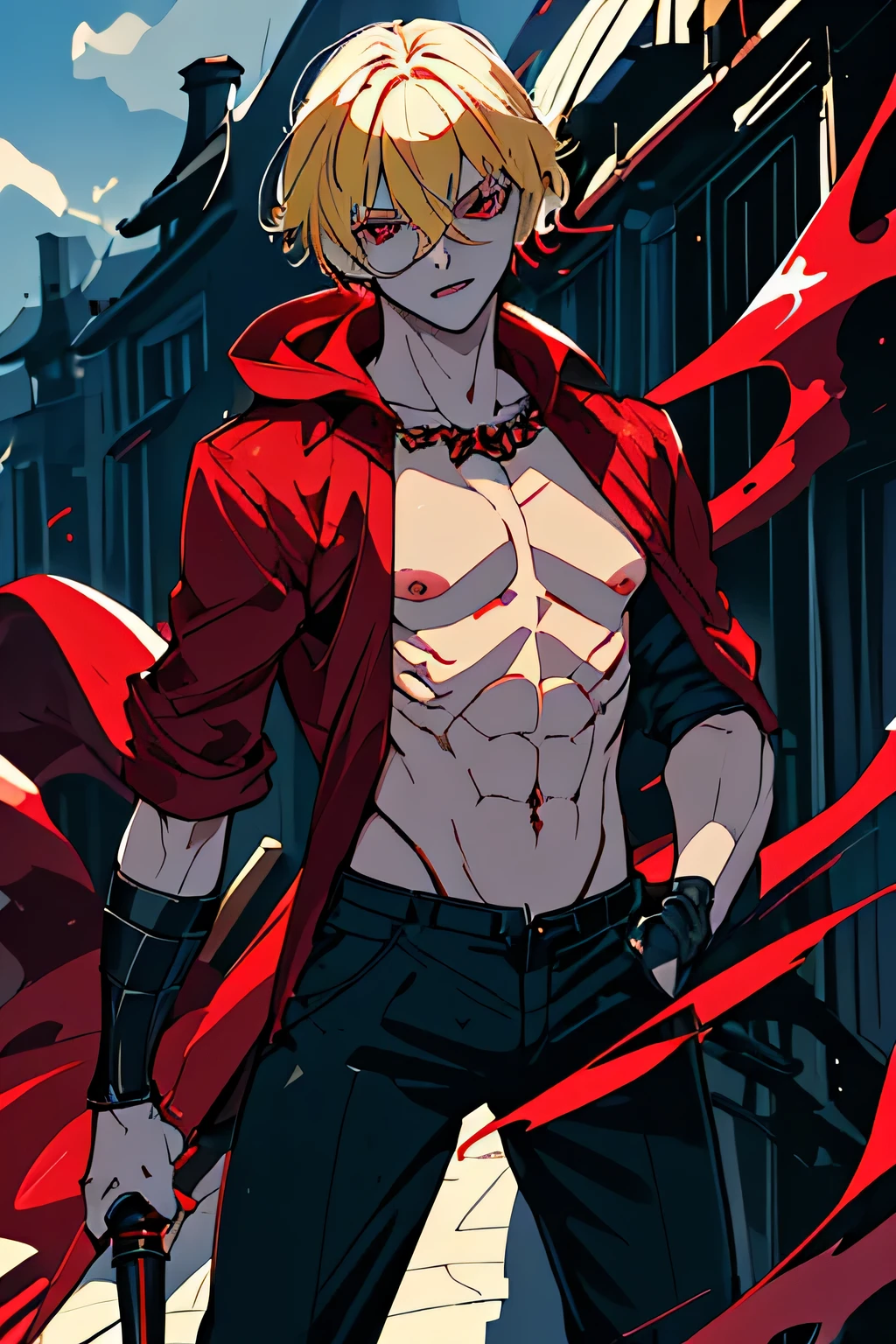 fantasy, young man, blonde, long bangs, red eyes, scar on face,topless, redhood, weapon, hunter,
