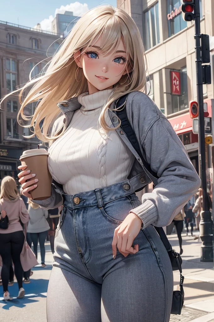 (masterpiece, best quality:1.4), (modern days), (cowboy shot), 1girl, solo, pov, sfw,
stunning girlfriend, (standing:1.1), dynamic pose, (white oversized sweater, knit sweater:1.4), (tight yoga pants, dark grey yoga pants:1.4), (short navy blue jacket, denim jacket:1.4), long blonde hair, swept bangs, heart shaped face, elegant face, beautiful face, highly detailed face, highly detailed skin, skin pores, subsurface scattering, (detailed blue eyes), realistic pupils, large breast, loving smile, looking at viewer, full face blush, full lips, holding a single coffee cup, centered,
coffee shop in background, city street, sunny day, wind, detailed background, depth of field, atmospheric perspective, volumetric lighting, sharp focus,
absurdres, realistic proportions, good anatomy, (realistic, hyperrealistic:1.4), 16k hdr,