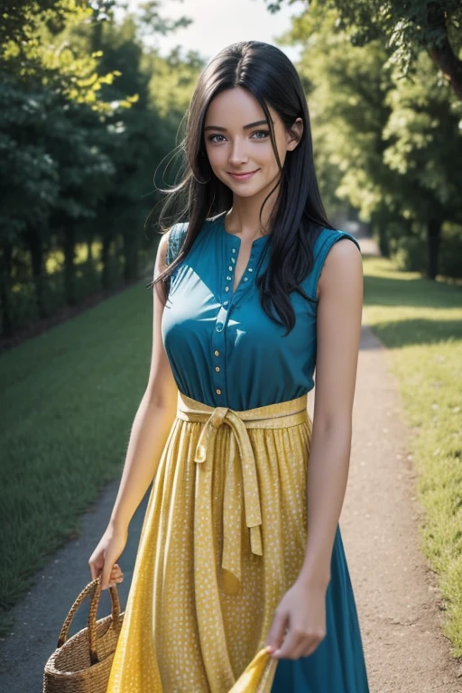 Create an HDR photo of a woman. The woman has long, messy black hair pulled back and light blue eyes, which appear exceptionally vivid. She is smiling, wearing a yellow summer dress, captured during a summer evening. The photo should showcase high dynamic range (HDR) with vivid and rich details, displaying clear shadows and highlights. The image should appear realistic with intense, enhanced contrast and highly detailed textures.