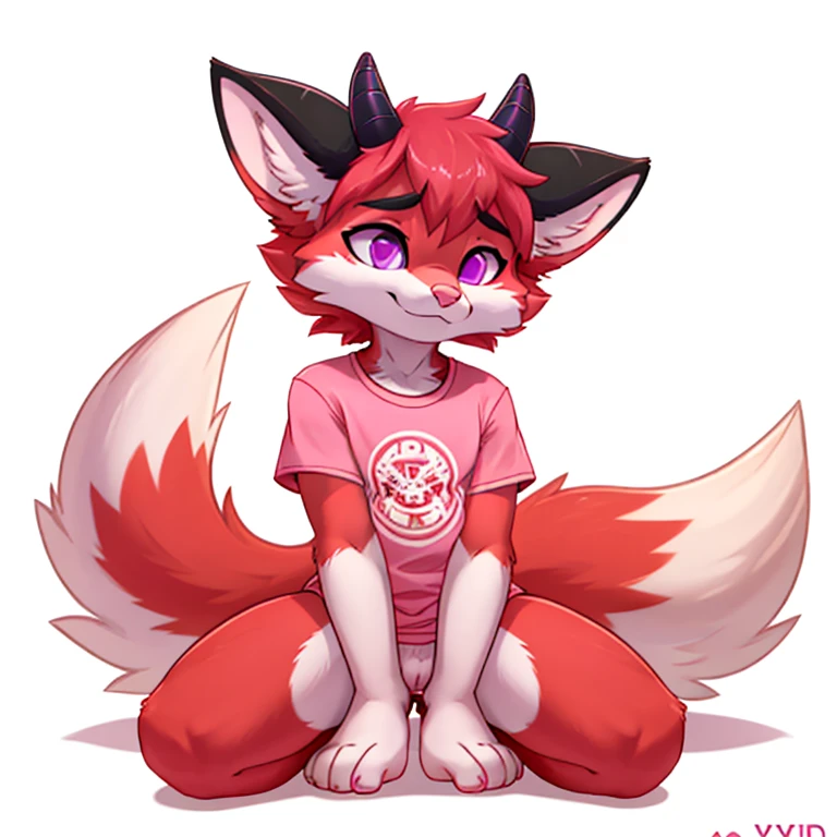 Anthropomorphic male crimson fox with pink nose, black ears, horns and purple eyes, two tails, fullbody view, solo, on knees, white background, digital art, lifting his shirt, femenine looking, different views, wearing a pink t-shirt and long pink socks with white stripes, looking at viewer, half eyes closed.