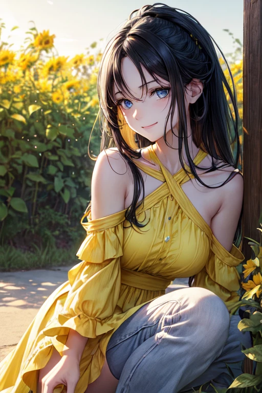 Create an HDR photo of a woman. The woman has long, messy black hair pulled back and light blue eyes, which appear exceptionally vivid. She is smiling, wearing a yellow summer dress, captured during a summer evening. The photo should showcase high dynamic range (HDR) with vivid and rich details, displaying clear shadows and highlights. The image should appear realistic with intense, enhanced contrast and highly detailed textures.