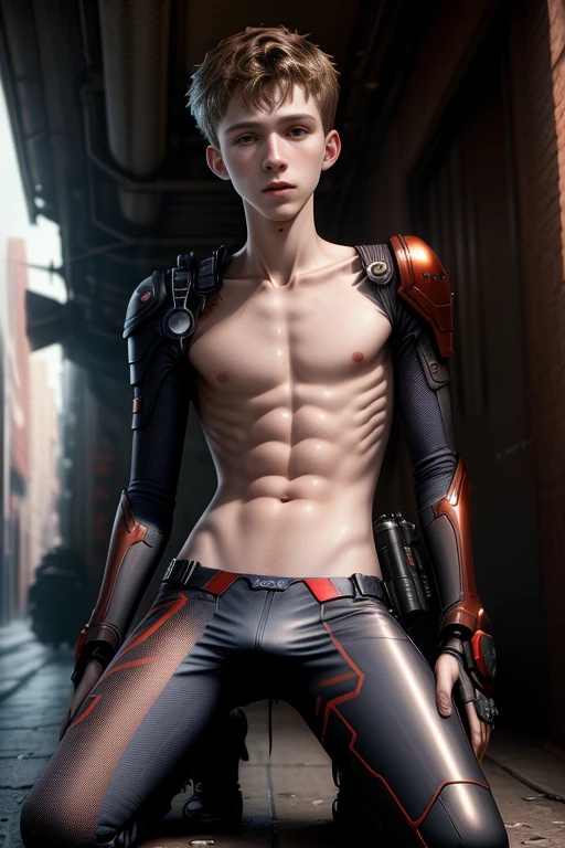 ((Photorealistic)) hyperdetailed full-body erotic photo of SHIRTLESS ((scrawny)) Sexy twink Tom Holland cyberpunk, with brown hair, detailed skin, detailed face, dslr,
