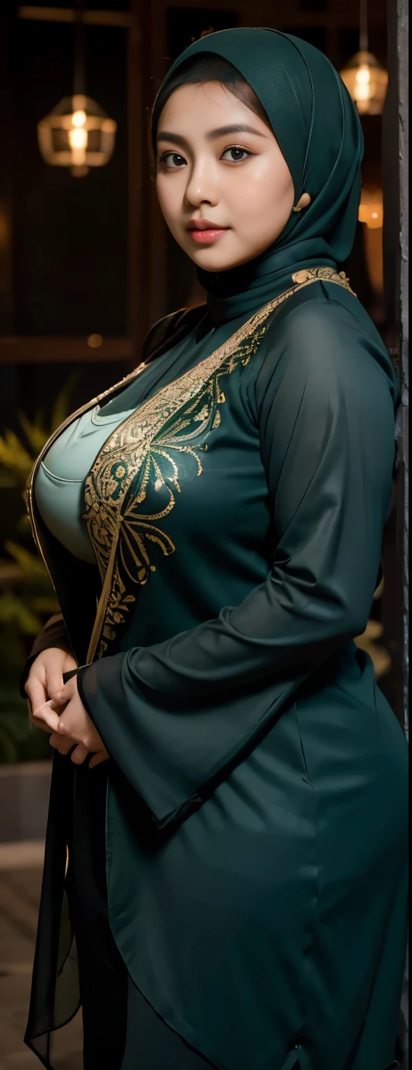 1 malay girl, modern plain hijab, shy, medium portrait, watery eyes, wearing dark green kebaya, ((big breasts)), black bokeh background, well-proportioned body,, chubby massive thighs, full body pose, Hena art on the body, hena art on face, slightly fat body 