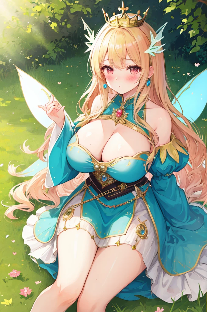 A woman with big ,Gorgeous woman,Western Fantasy,(Fairy Queen),crown,Gorgeous Rococo dance dress,Long blond hair,Delicate accessories,Protruding lower chest,(Blush:1.2),Sitting on the grass,