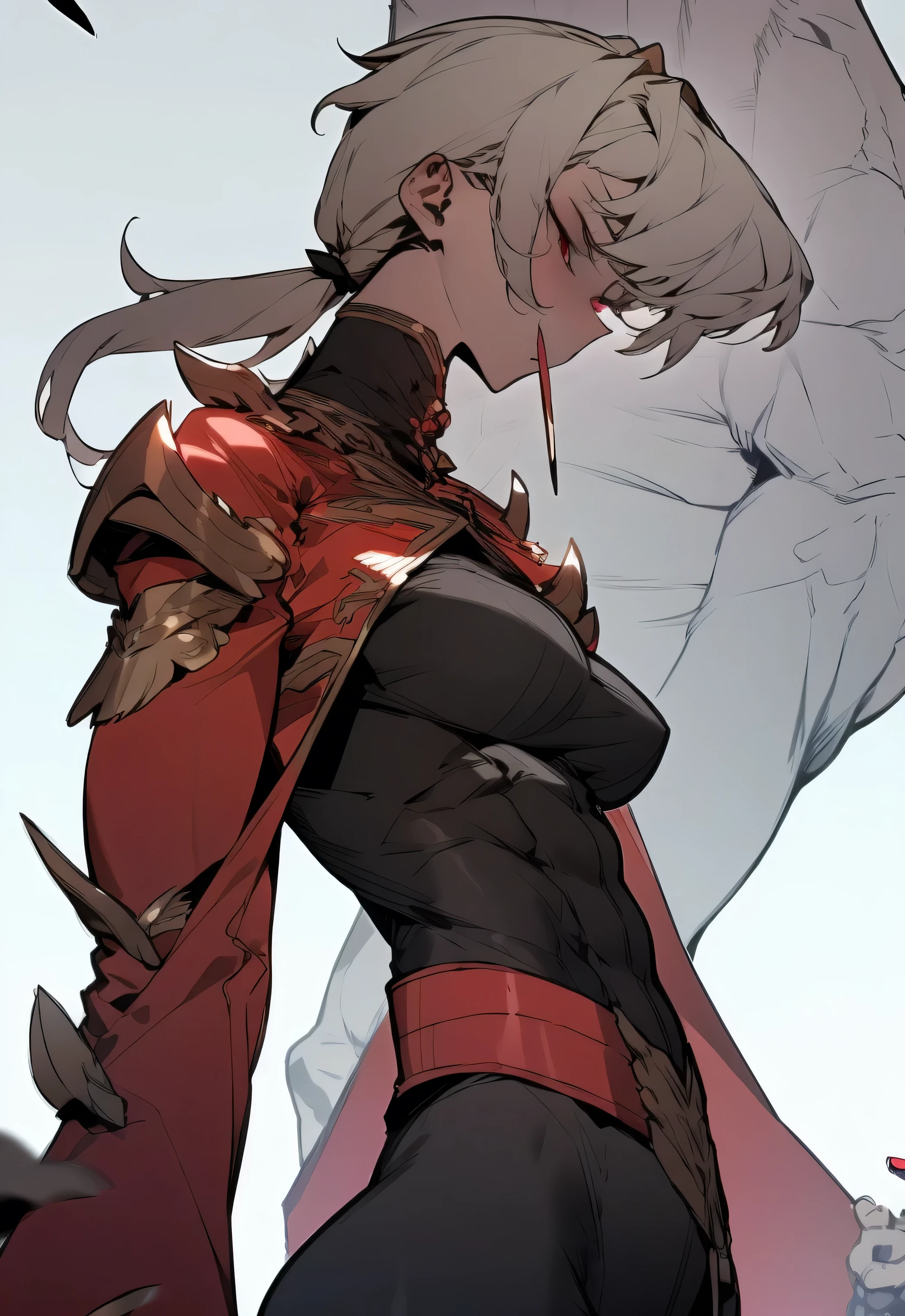 Midly Muscular darkskin woman fantasy clothes, white short hair in a ponytail, red eyes, yellow jacket, black cargo pant, intricate pencil sketch, expressive eyes and nose and mouth, un-zoom, highly detailed, dynamic pose, white background