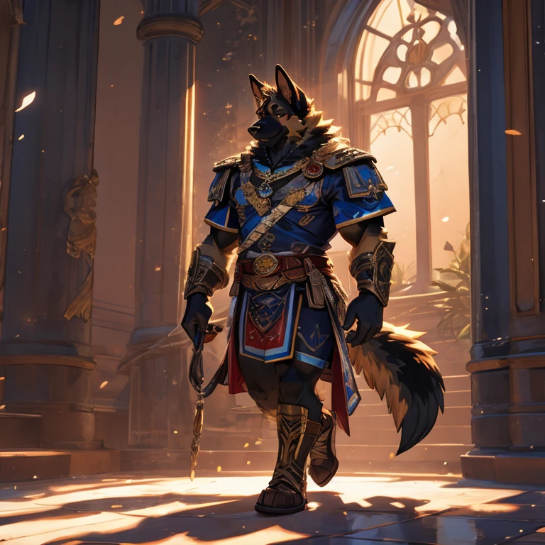 ((anime)), Upload to e621, By Garmash,Luan Jia, dark gem, anthro, male, ((( fine fluffy fur))), ((sitting)), detailed realistic painting, (((bipedal walking))), (((with shadow))) extreme details, ((german shepherd)), loincloth, black body, particles of light,The most erect penis