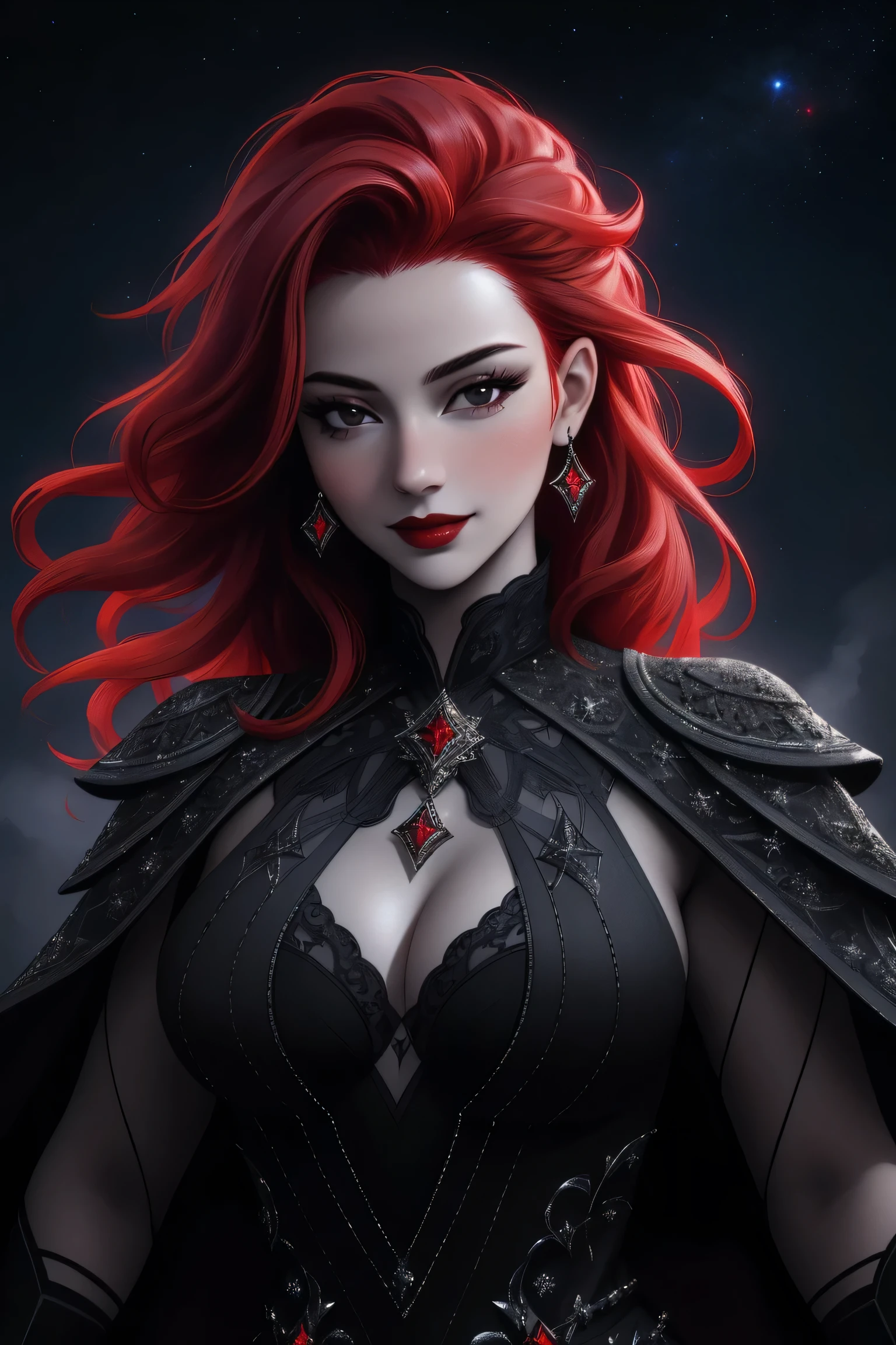 (Masterpiece - Ultra-Detailed, High Resolution) ((vivid red hair)), mature woman, 30 years old, diamond face, red starry sky background, depth of field, magic, big red lips, ((dark and black eyes)) silver long and full dress, covered chest, mystical atmosphere, ominous shadows, Intense blue aura, Intense red aura (best quality:1.2), absurdres, intricate details, (highly detailed skin:1.2), smile expression, posing, taut and well defined body, attractive. Highly realistic, white skin, beautiful, hyperrealism, skin very elaborated, direct gaze.