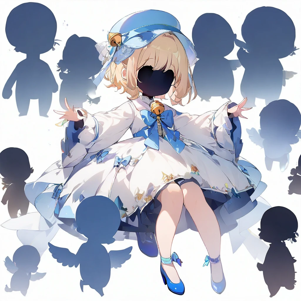 (One Girl:2), (((Silhouette style:2))),((Pure white background))blonde, White Background, have, dress, Blue footwear, wing, Simple Background, flower, Wide sleeves, Long sleeve, blush, animal, white flower, whole body, bird, High heels,Raise your arms, Frills, bow, bangs, ribbon, Bell, Blue hat, shoes下, short hair, Grey Eyes, shoes, feathered wing, blue bow、(highest quality、masterpiece、High resolution、detailed)、Anime Style、Flat Style