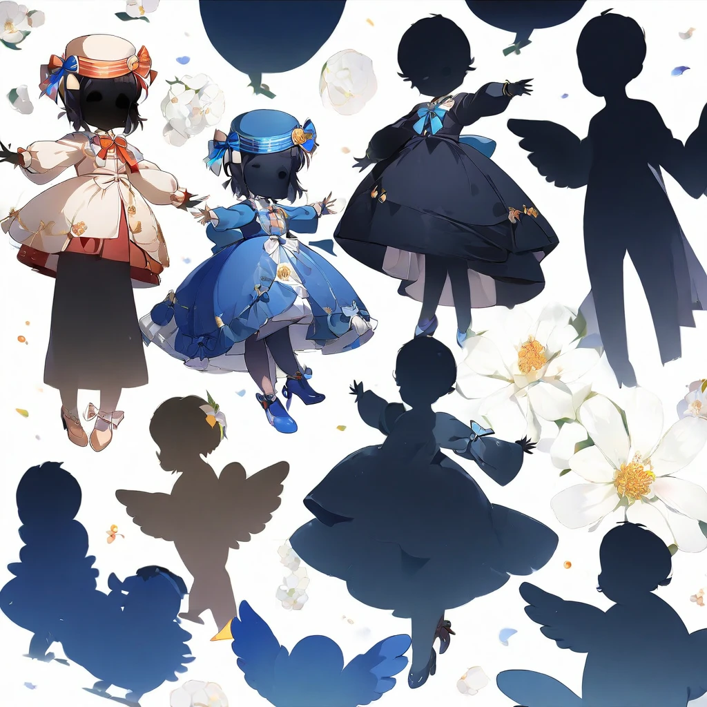 (One Girl:2), (((Silhouette style:2))),((Pure white background))blonde, White Background, have, dress, Blue footwear, wing, Simple Background, flower, Wide sleeves, Long sleeve, blush, animal, white flower, whole body, bird, High heels,Raise your arms, Frills, bow, bangs, ribbon, Bell, Blue hat, shoes下, short hair, Grey Eyes, shoes, feathered wing, blue bow、(highest quality、masterpiece、High resolution、detailed)、Anime Style、Flat Style