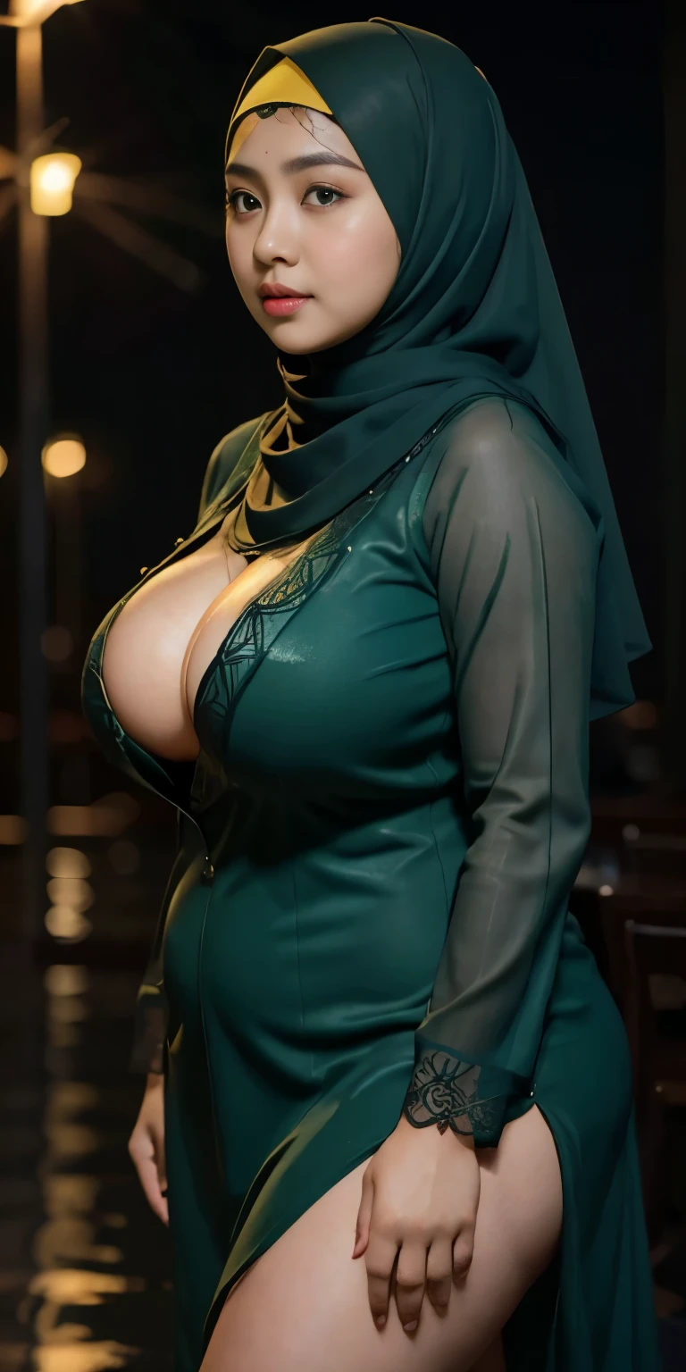 1 malay girl, modern plain hijab, shy, medium portrait, watery eyes, wearing dark green kebaya, ((big breasts)), black bokeh background, well-proportioned body,, chubby massive thighs, full body pose, Hena art on the body, hena art on face, slightly fat body 